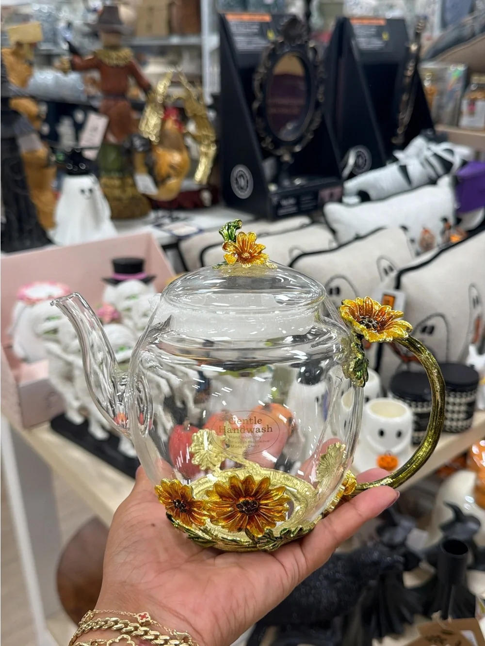 Elegant Glass Teapot with Gold Sunflower Accent - Clear/Gold